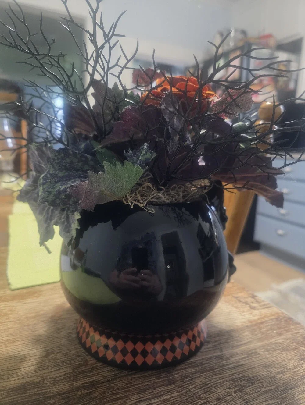 Halloween Artificial Floral Arrangement Cat Theme Black Ceramic Pot 10 Inches